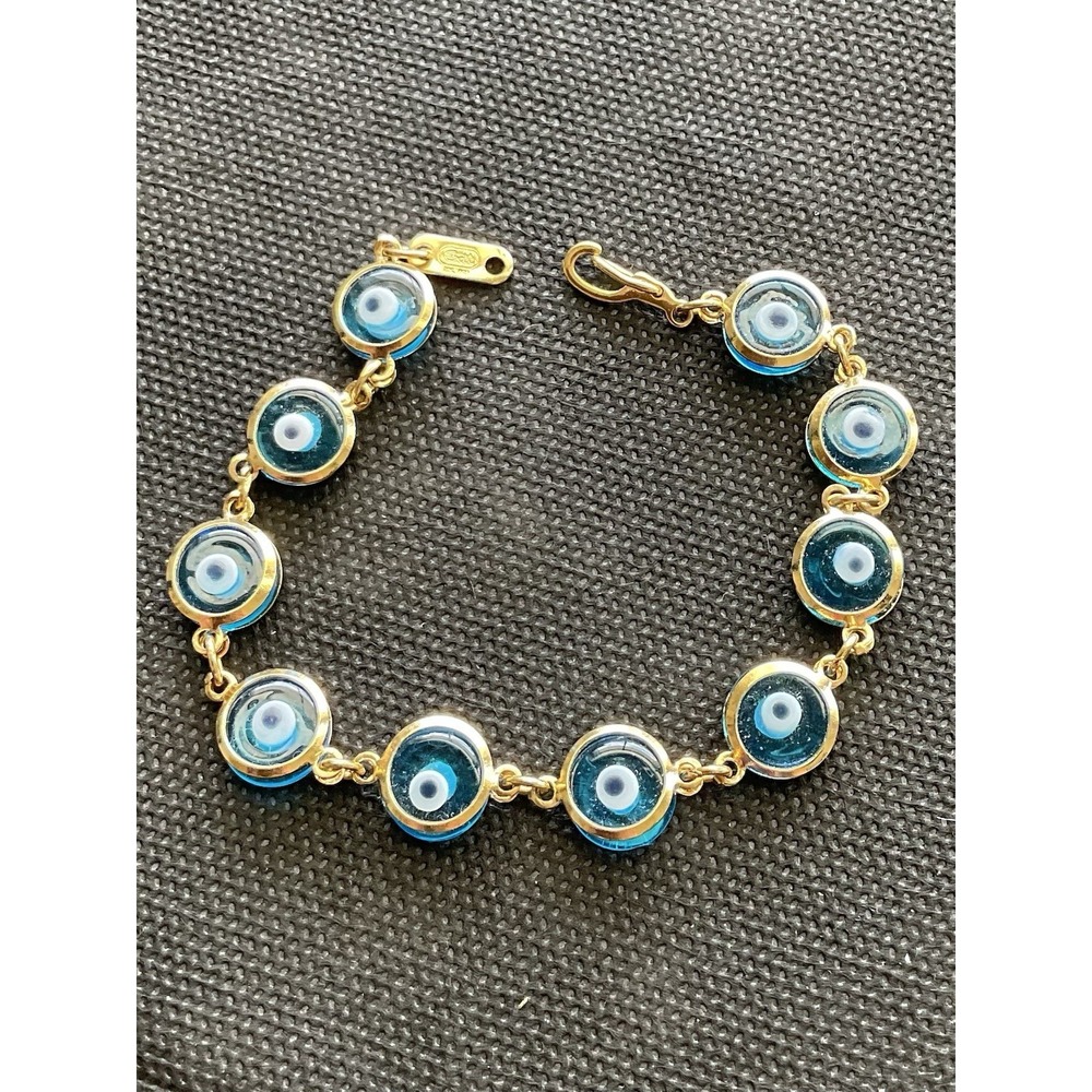 Gold Tone Blue Evil Eye Bracelet Signed Marked Estate Jewelry